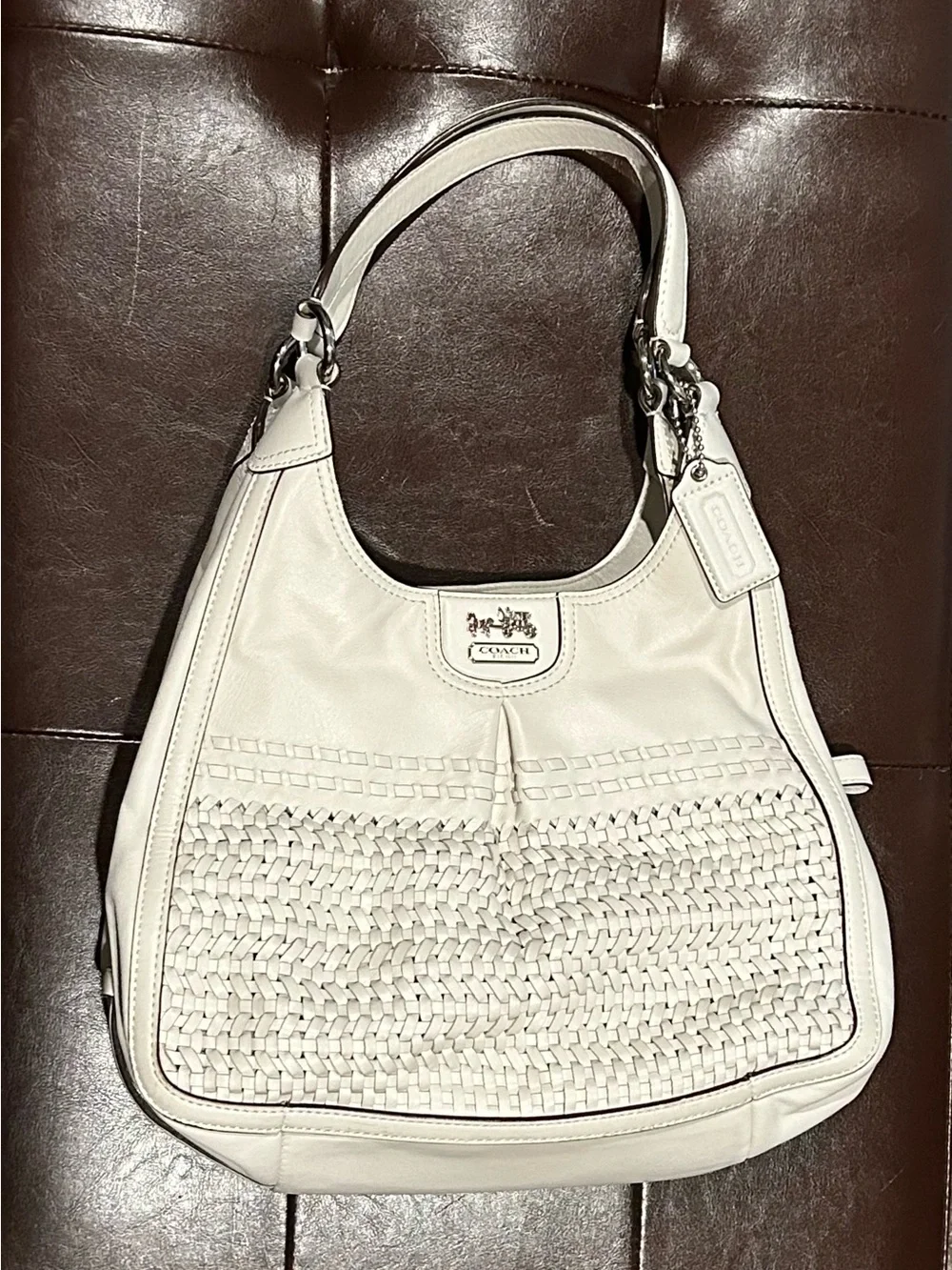 Coach Madison, Maggie, and winter white/parchment/Cream Woven Leather Hobo Bag-